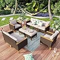 MFSTUDIO 9 Piece Wicker Patio Furniture Set, 2 x Single Chair, 2 x Ottoman, Loveseat Sofa, 3-Seat Sofa, All-Weather Outdoor PE Rattan Patio Conversation Set for Garden, Backyard(Beige Cushions)