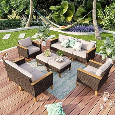 MFSTUDIO 9 Piece Wicker Patio Furniture Set, 2 x Single Chair, 2 x Ottoman, Loveseat Sofa, 3-Seat Sofa, All-Weather Outdoor PE Rattan Patio Conversation Set for Garden, Backyard(Beige Cushions)