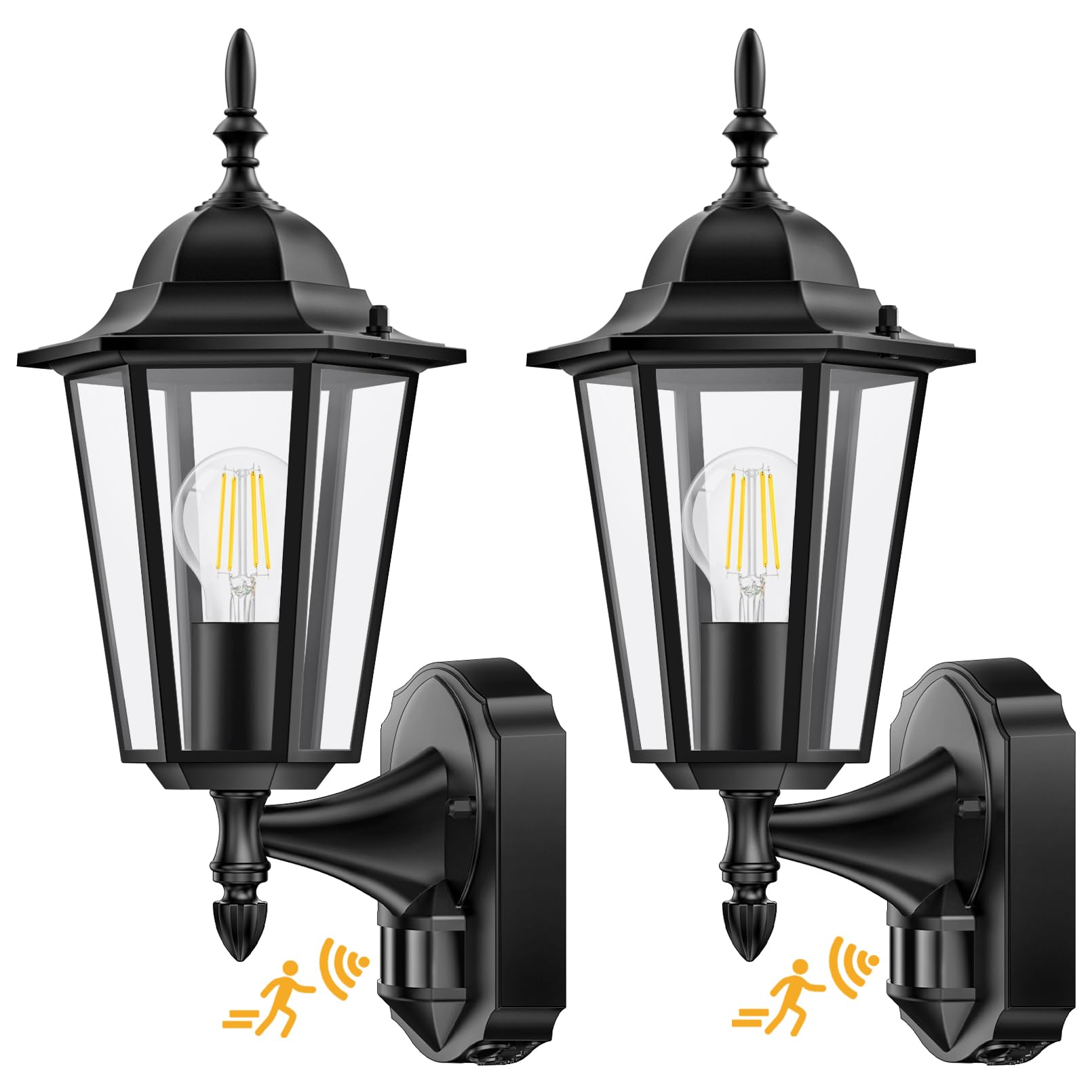 Lamomo 2 Pack Outdoor Wall Lights, Outside Lights with Motion Sensor, Waterproof Aluminium PIR Security Light Mains Powered, Traditional Black Lamp for Front Door Garage, E27 Bulb Base