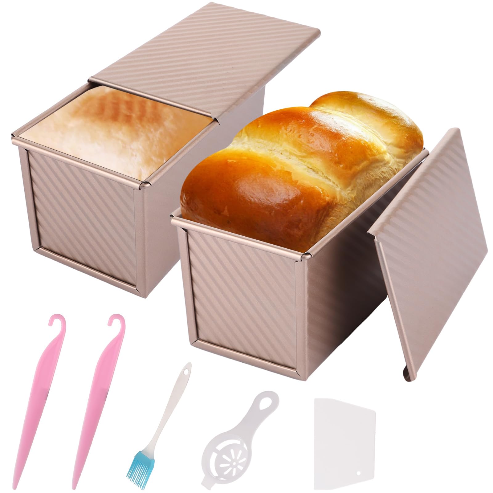 MUXHEL 2PCS 450g/1lb Loaf Tin, Non-Stick Pullman Bread Tin With Lid, Carbon Steel Baking Tin With Tools for Toast, Sandwich, Cake, Oven Baking - Rose Gold