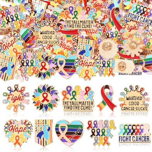 Image of Landical 60 Pcs All Cancer Awareness Pins Bulk Breast Cancer Awareness Lapel Pins Pink Multicolor Ribbon Items Supplies for Hats Backpacks Clothing Women Gifts