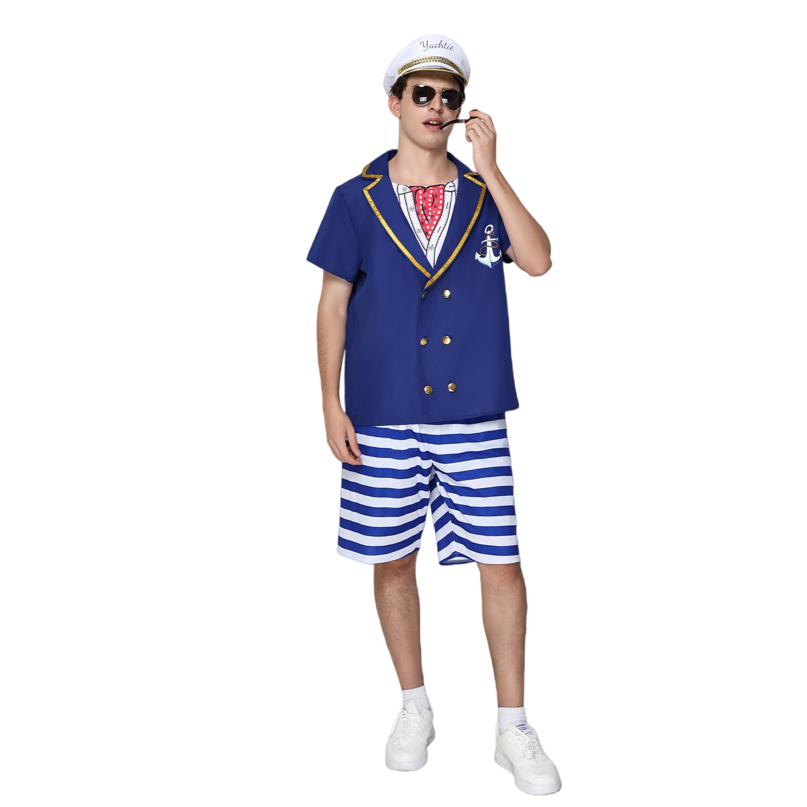 EraSpooky Mens Captain Yacht Costume 5PCS Adult Sailor Hat Sunglasses Pipe Accessories Set