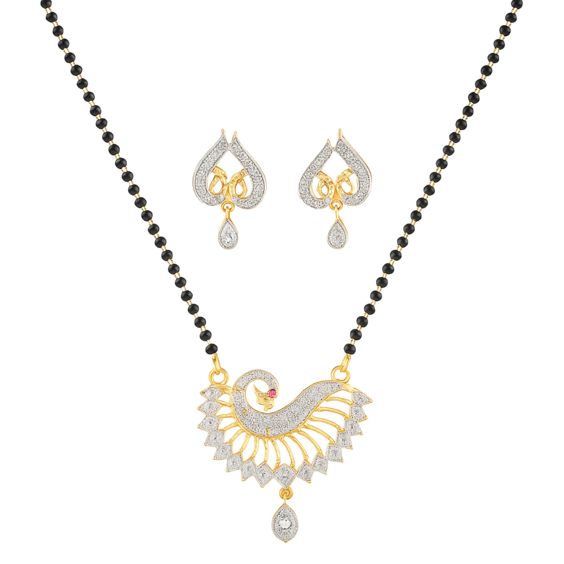 Peacock Design Mangalsutra with Matching Earrings for Women | Gold Plated Black Beads Chain with American Diamond Studded Pendant-image-38
