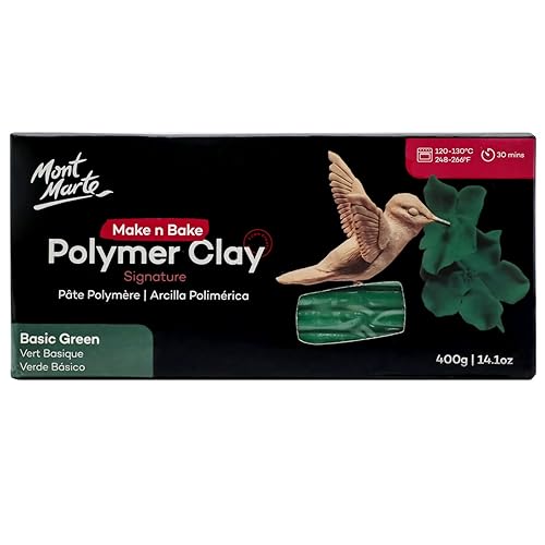 Mont Marte Make n Bake Polymer Clay Signature BasicGreen 400g (14.5oz) Block, Bake in Oven, Soft and Smooth, Sculpting, Craft, DIY Décor, Jewellery - Basic Green - 14.1oz