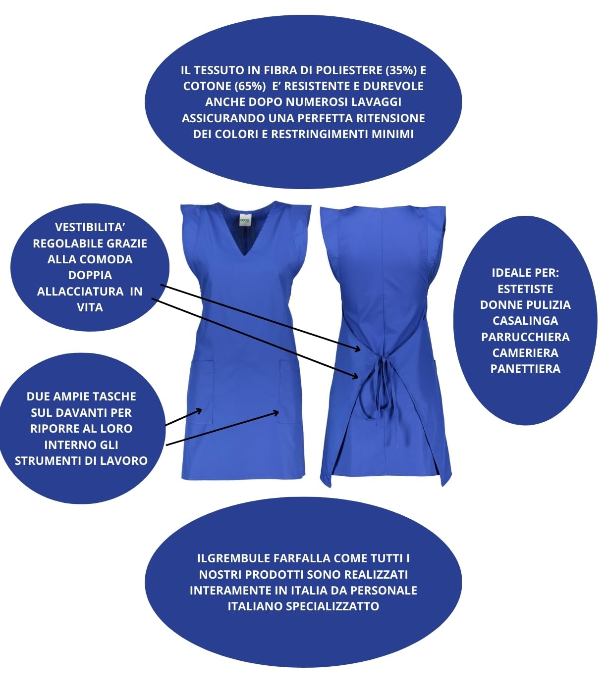 Siry Work Cubrevestido mujer cuello en V 2 bolsillos Art. Mariposa 35% algodón 65% poliéster Made in Italy, ideal para esteticistas, peluquerías, camareras, panaderías, mujeres limpieza, azul claro