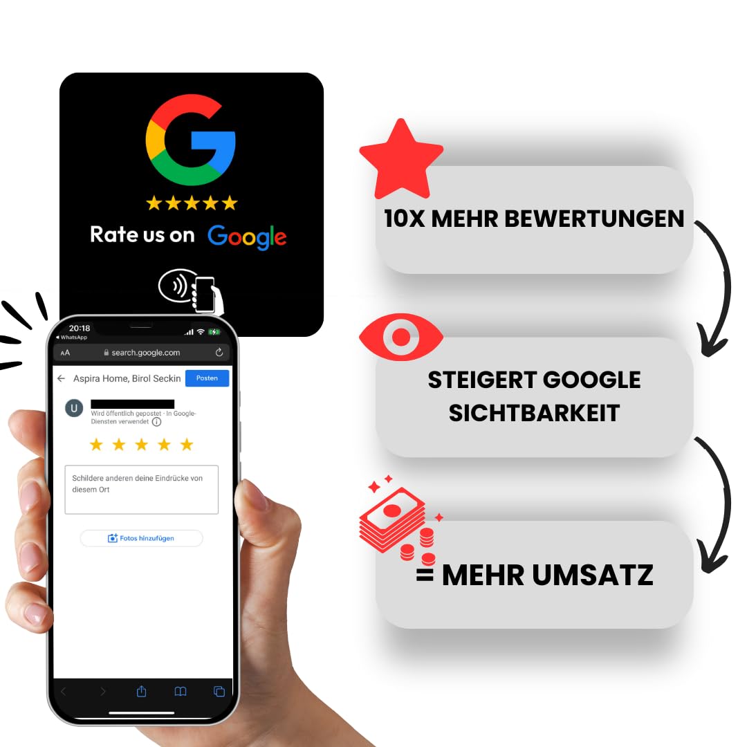 Aspira Home Google Bewertungskarte mit NFC-Chip, Rezensionskarte für Google Bewertungen, FERTIG VOREINGERICHTET für Ihr Google Bewertungsprofil, schwarz, 7,5 x 7,5 cm