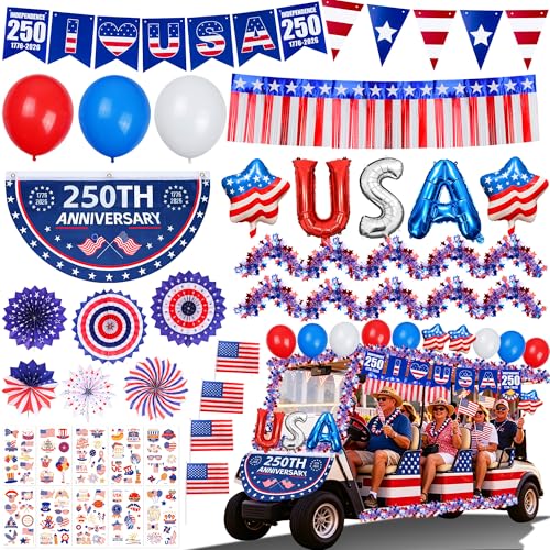 4th of July Golf Cart & Parade Float Decorations Kit Independence Day Decor with Pleated Bunting Fringe Curtain Star Garland Paper Fans 1776-2026 Banner & Balloons for America 250 Memorial Day