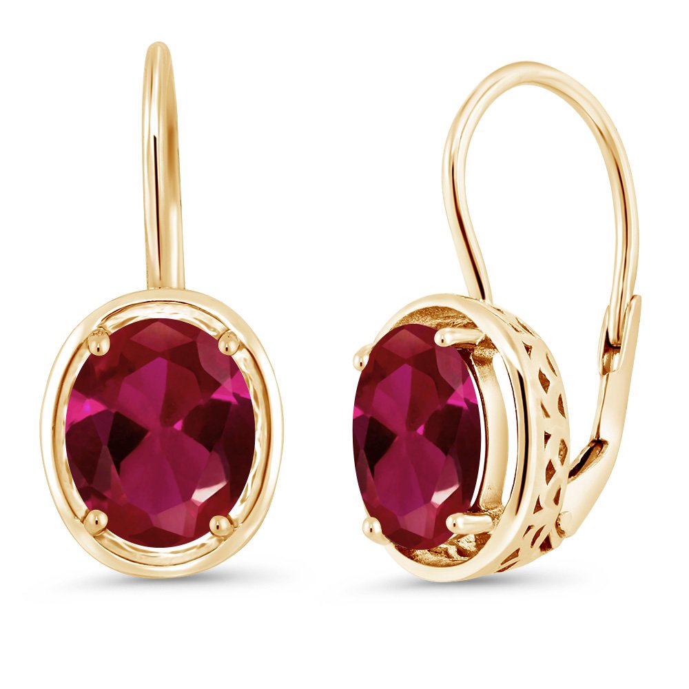 Gem Stone King18K Yellow Gold Plated Silver Red Created Ruby Dangle Earrings For Women (4.00 Cttw, Oval 9X7MM), Sterling Silver, Gemstone, Created Ruby