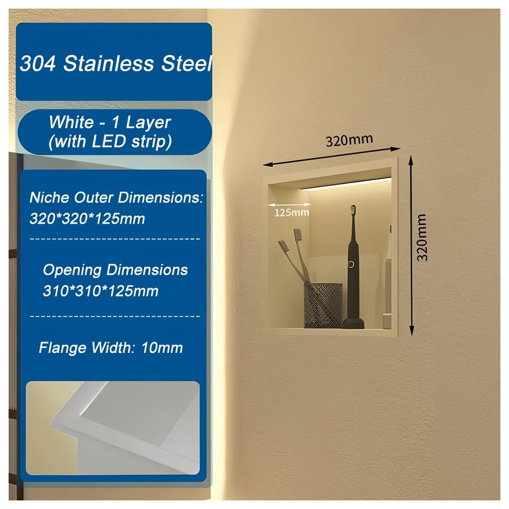 Estante de ducha LED empotrable de 4 niveles, de acero moderno para champú, impermeable, no necesita azulejos (blanco, 320 x 320 x 125 mm)