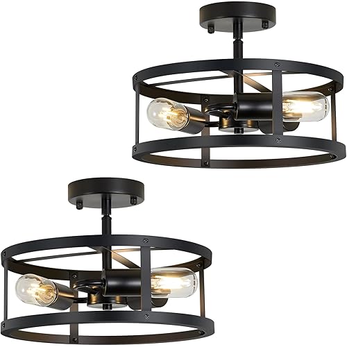 SKEJAO Black Semi Flush Mount Ceiling 3-Light Hallway Light Fixtures Ceiling Mount for Farmhouse,Kitchen,Hall (2 Pack)
