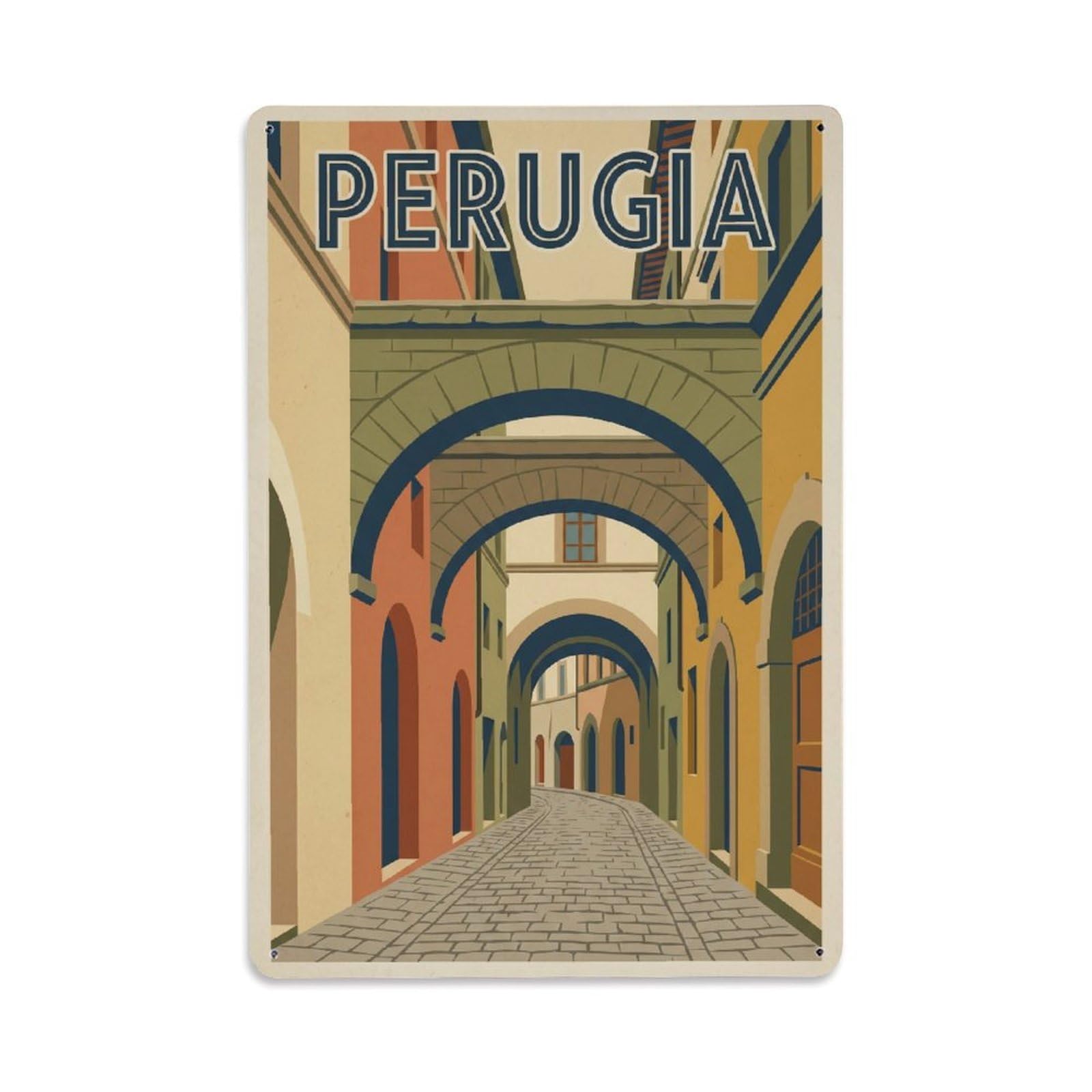 Vintage Travel Perugia Via Maestà Delle Volte Clean Italy Metal Tin Sign Plaque Wall Decor for Cafe, Club Bar, Office, Home Garden Metal Poster 8x12Inch