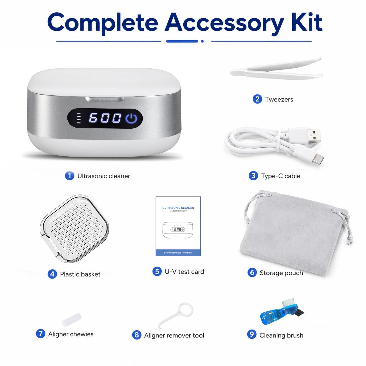 Voraiya Nettoyeur Ultrasons pour Gouttière Dentaire, Dental Pod Compact et Silencieux, Batterie 4000 mAh, IPX7 Étanche, Réservoir 166 ml, pour Aligneur, Appareil Dentaire