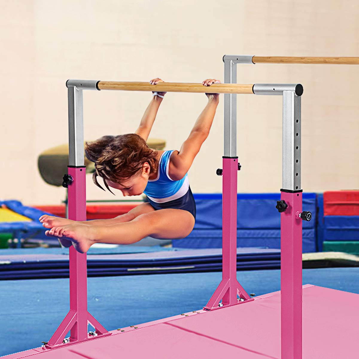 GYMAX Barre De Gymnastique Double Réglable - Hauteur 96-140 Cm - Enfants 6-12 Ans - Support 100 Kg - Bambou Et Métal