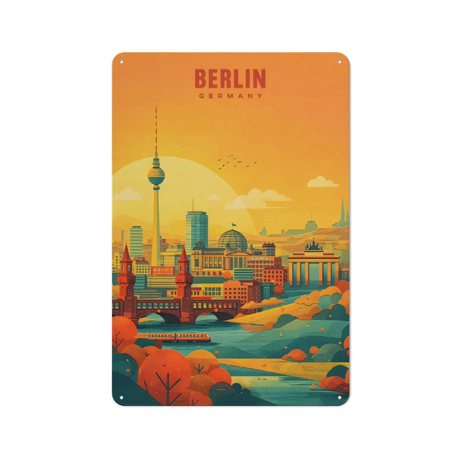 Berlin Cityscape with Brandenburg Gate Warehouse Style Metal Wall Decor 30x20cm, Metal Wall Sign for Workspace, Cafe, Hallway Or Garage
