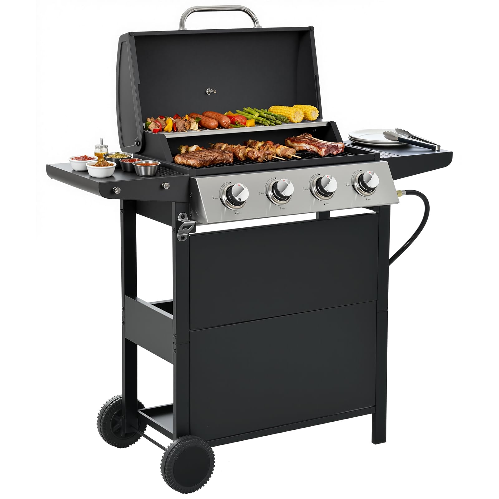 EUHOME 40,500 BTU 3-Burner Propane Gas Grill with Side Burner,Stainless Steel Outdoor BBQ Grill Portable with Wheels and Cast Iron Grates for Patio Garden Barbecue Cooking — view 11