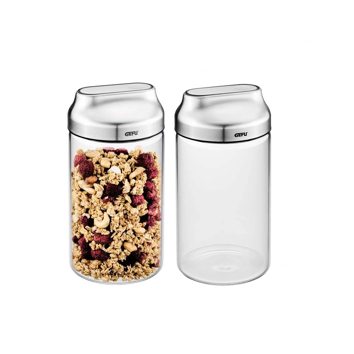 Gefu KIPPO Food Storage Container Set 1,000 ml (2 pcs) – Glass Jar with Airtight Stainless Steel Lid and Tilt Pour Function