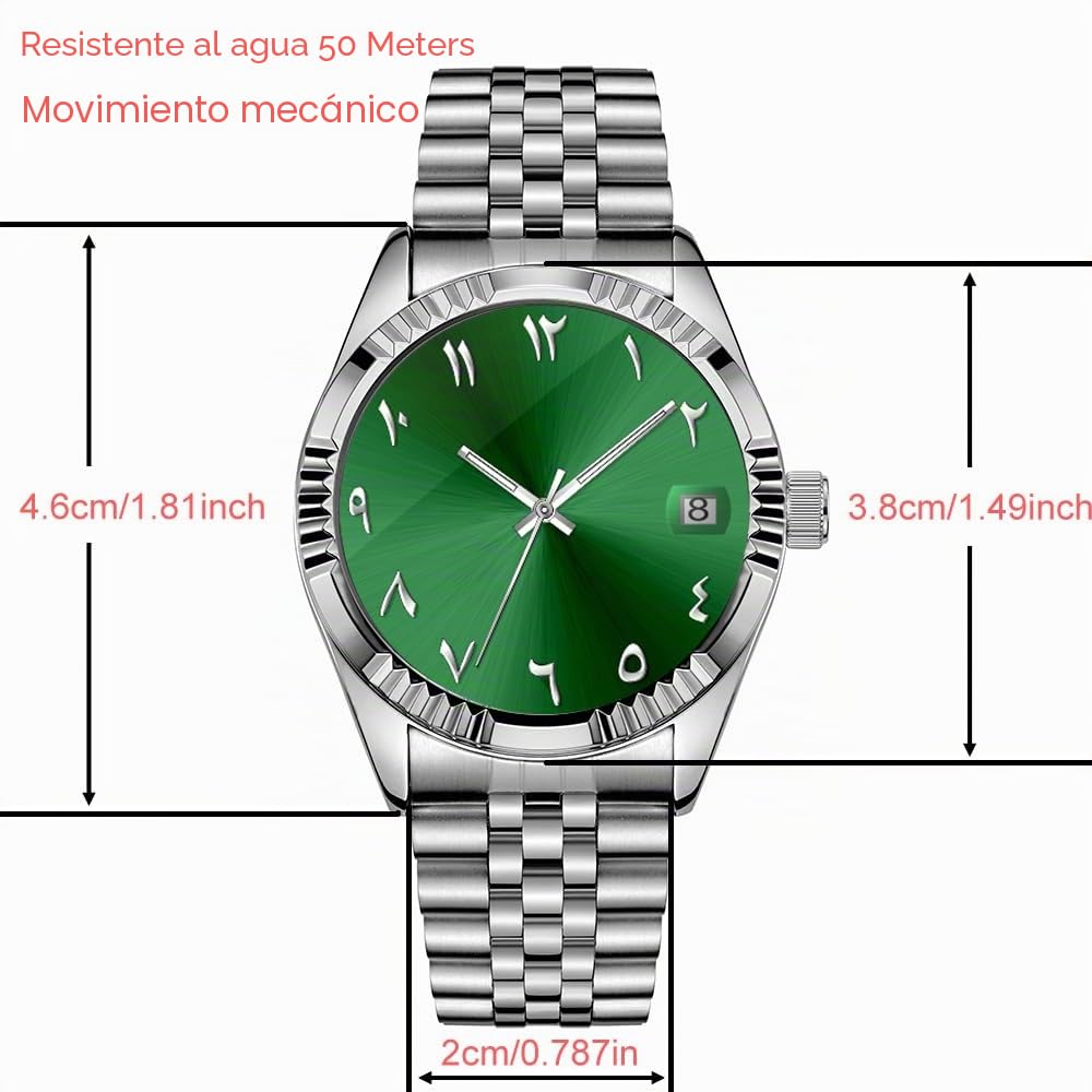Boyarca Reloj mecánico de Lujo de Acero con números arábigos Movimiento automático números Urdu, Reloj mecánico de 38mm para Hombre con Fecha Luminosa Resistente al Agua