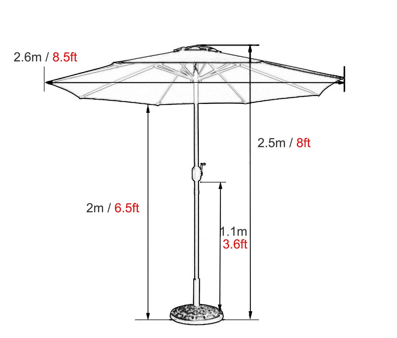 Ombrelloni da giardino per esterni, ombrellone da giardino per piccoli spazi, ombrellone da giardino da 8,5 piedi/2,6 m con palo in ferro e manovella, ombrelloni da sole per terrazza/cortile/pis