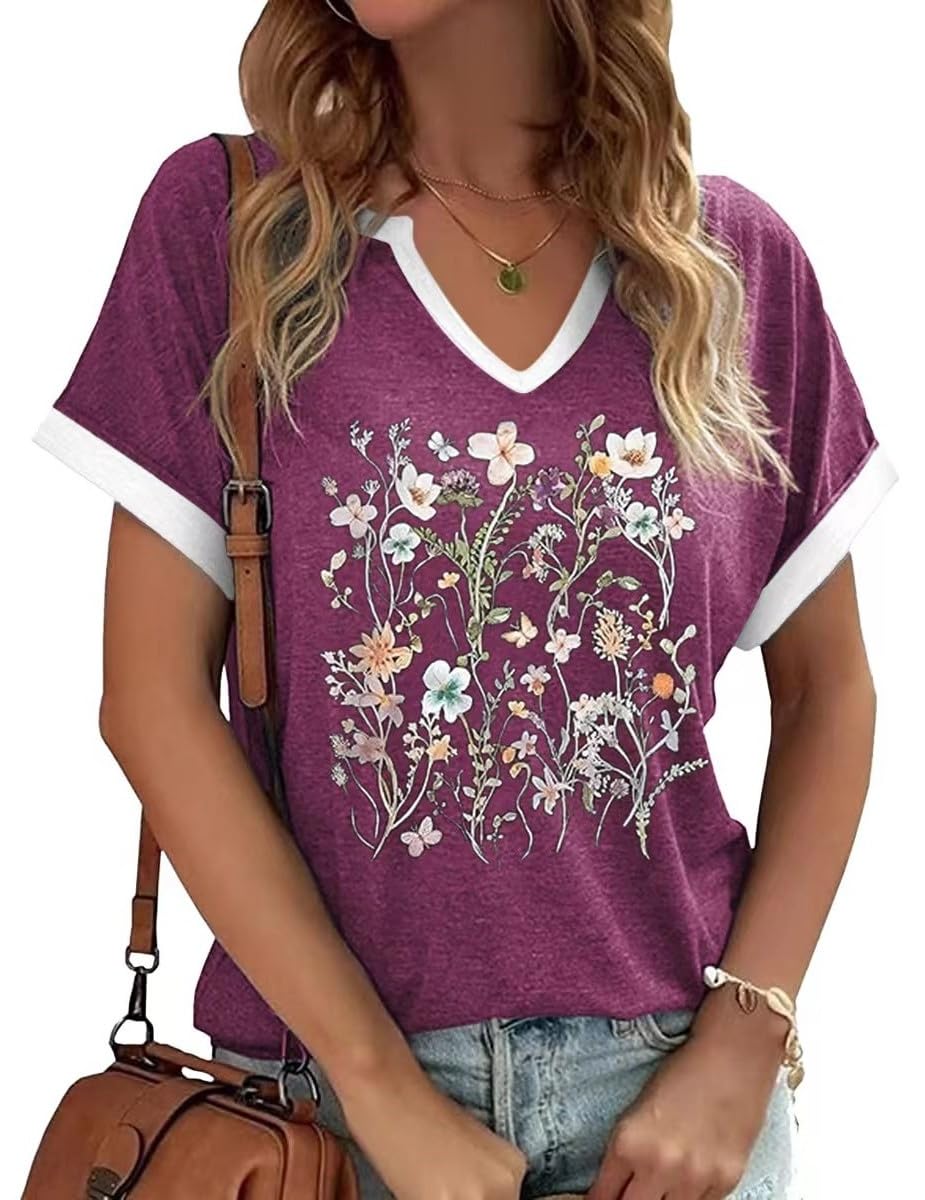 EarlymembWomens Vintage Flowers V Neck Shirt Boho Floral Wildflowers Graphic Tee Casual Cottagecore Short Sleeve T Shirt
