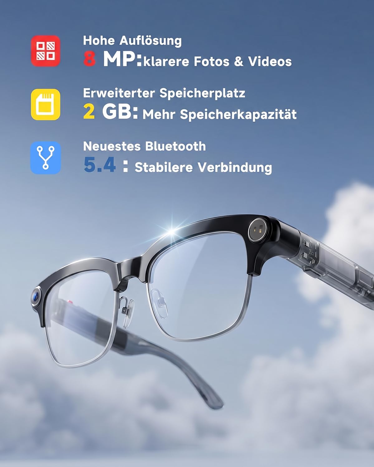 TOOBUR AI Smart Glasses mit 8MP Kamera, 1080P Anti-Shake HD Video, 2 Paar Linsen, Echtzeitübersetzung & Sprachassistent, Bluetooth-Anrufe & Offene-Ohr-Audio für Vlogging, Reisen & Meetings