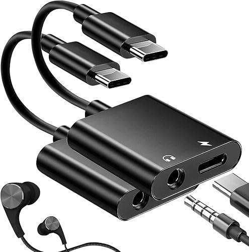 Adaptador de cargador y auriculares USB C a 0.138 in, USB C 2 en 1 a conector de audio auxiliar con cable PD de carga rápida (negro)