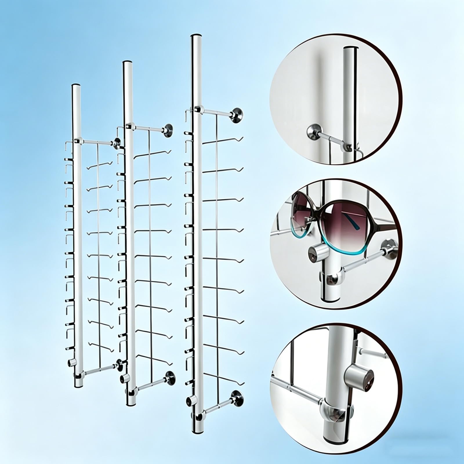 Soporte de exhibición de gafas, soporte de pared, soporte multiusos para gafas de sol con cerradura, ideal para tiendas ópticas, incluye 20 piezas, diseño que ahorra espacio
