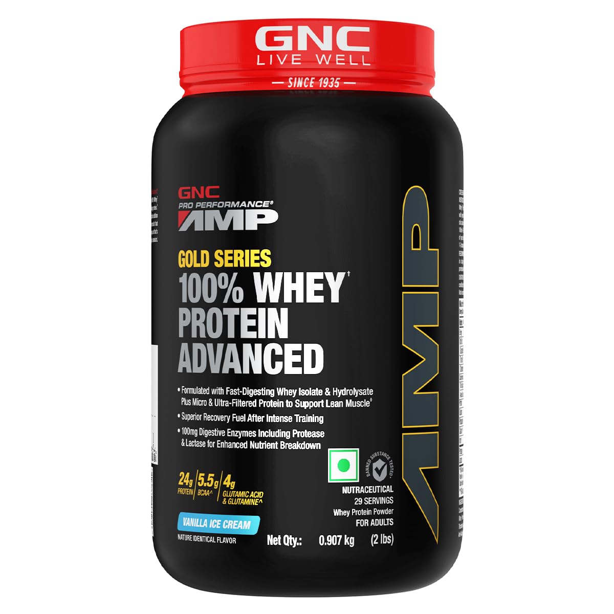 AMP Gold Series Whey Protein Advanced | 2 lbs | Lean Muscle Gains | Intense Workout | Informed Choice Certified | 24g Protein | 5.5g BCAA | 4g Glutamine | Vanilla Ice Cream| Formulated In USA