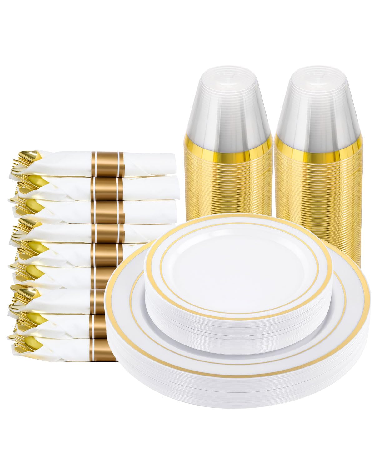 Photo 1 of 175 PCS White and Gold Plastic Dinnerware Set for 25 Guests, 50 Disposable Plates for Party, 25 Pre Rolled Napkins with Gold Silverware, 25 Cups
