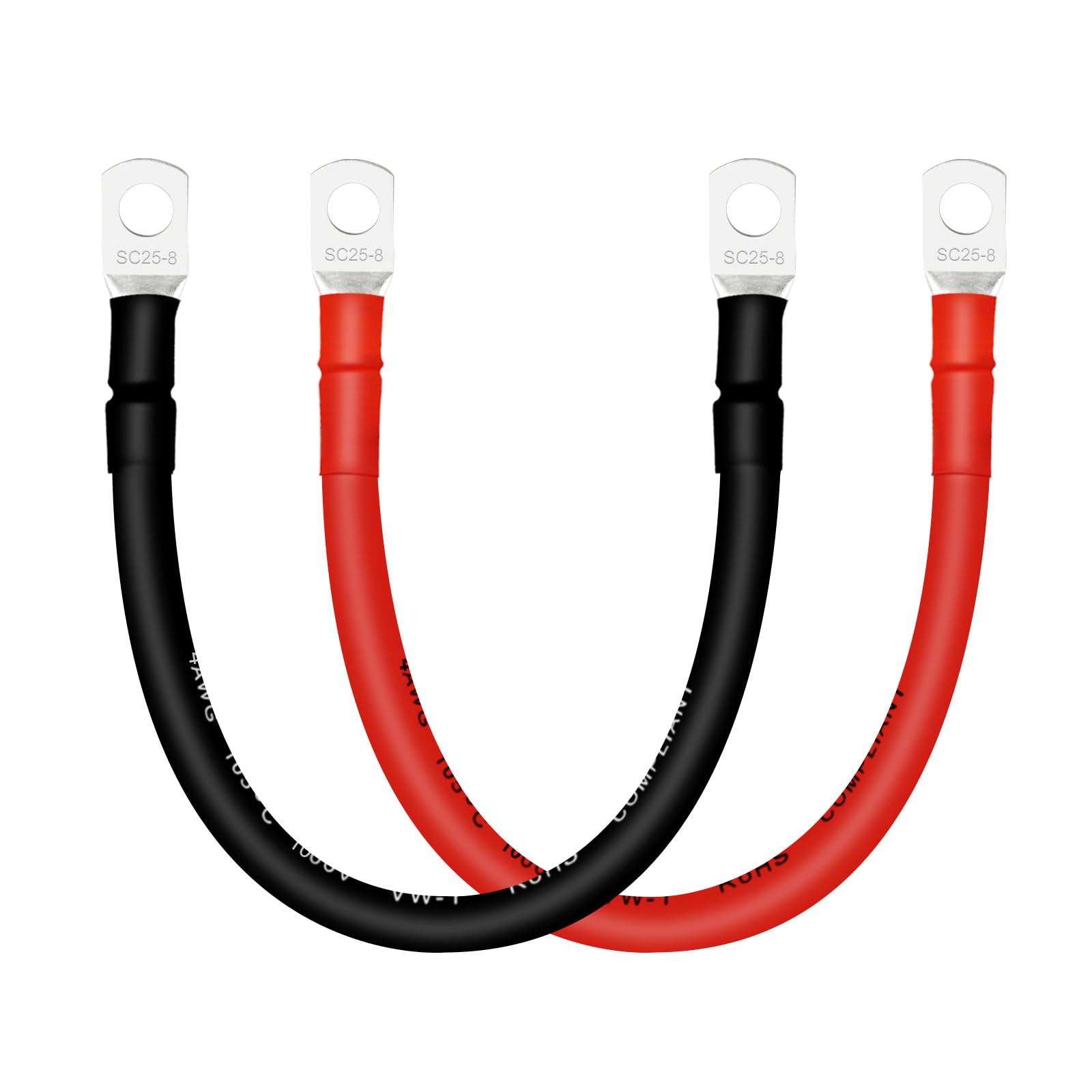 4 AWG Battery Cables with Terminals, 2PCS Copper Battery Cables with 5/16 ring terminals(Positive & Negative,1FT).