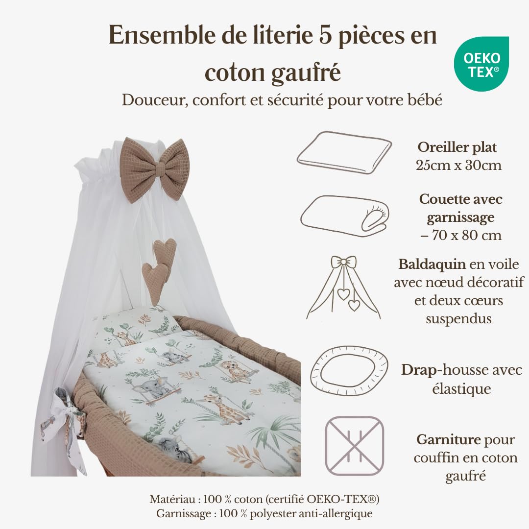 Wiklinopol Couffin Bébé avec Ciel de Lit – Berceau à roulettes en Osier avec Support – Ensemble Complet en Naturel avec 5 Pièces de Linge Nid d’Abeille Motif Safari Beige