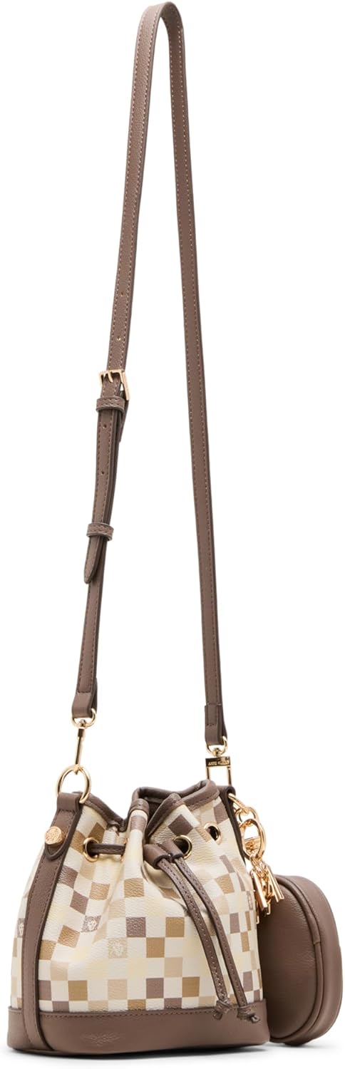 Anne Klein Womens Graphic Tile Lion Logo Small Bucket with Convertible Strap, Mink