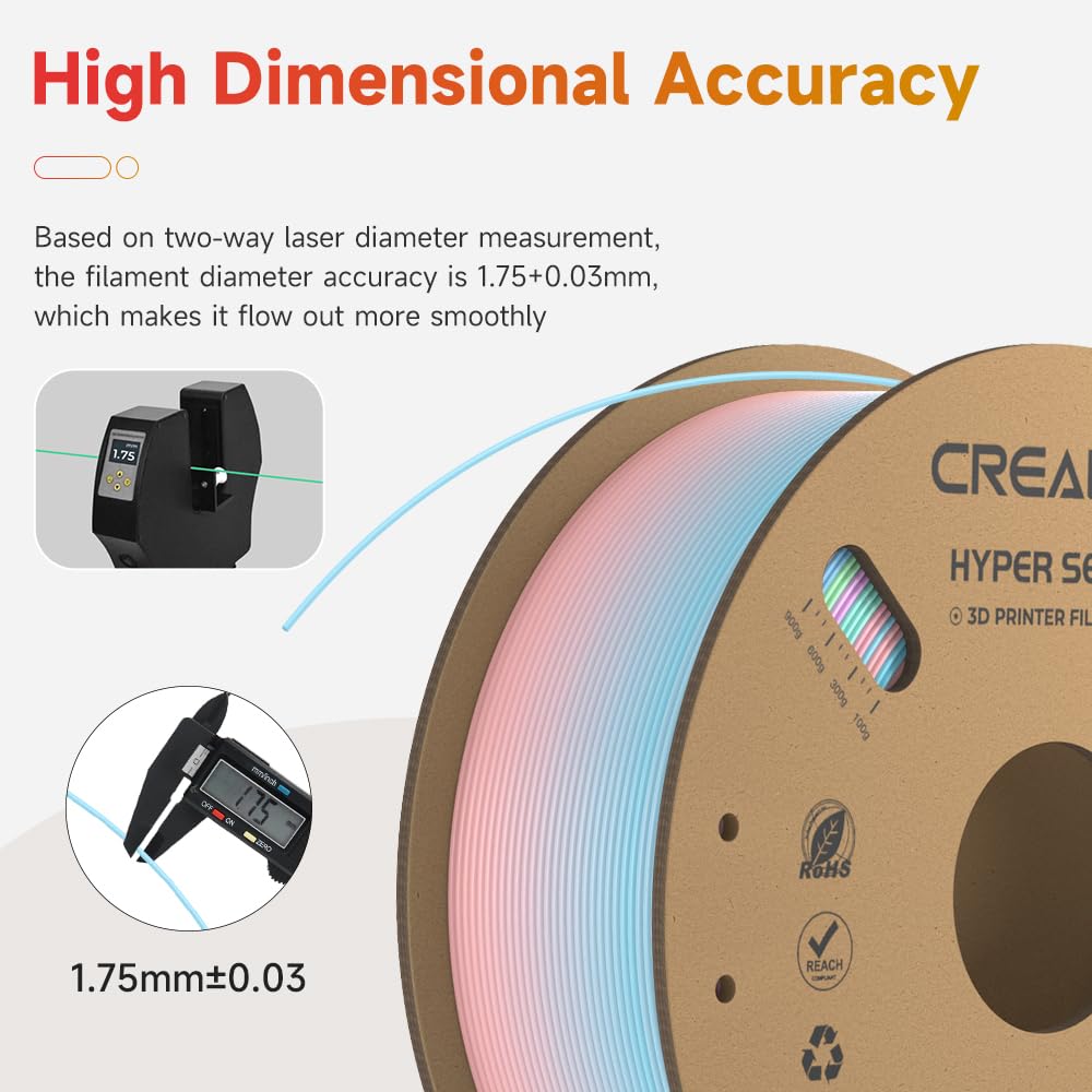 Creality Official Hyper PLA Filament Arcobaleno 1KG, Filamento per Stampanti 3D per la Stampa ad Alta Velocità, Durevole e Resistente, Liscio, Prestazioni a Sbalzo Precisione Dimensionale +/-0,03mm