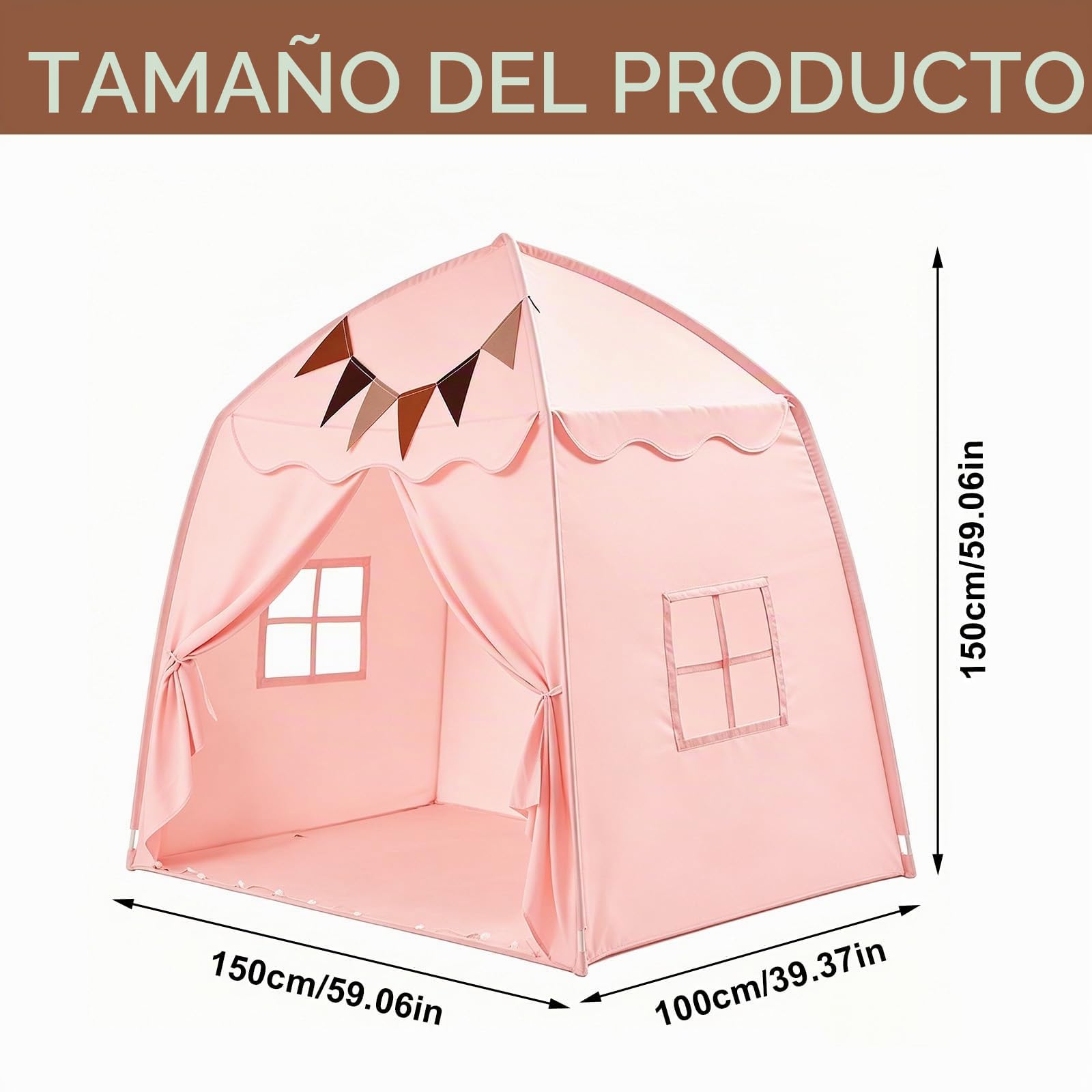 Tienda de campaña infantil para interiores, tienda de juegos con banderas y luces, tienda de campaña portátil y plegable, tienda de cama para niños, casa de juegos para interior y exterior (rosa)