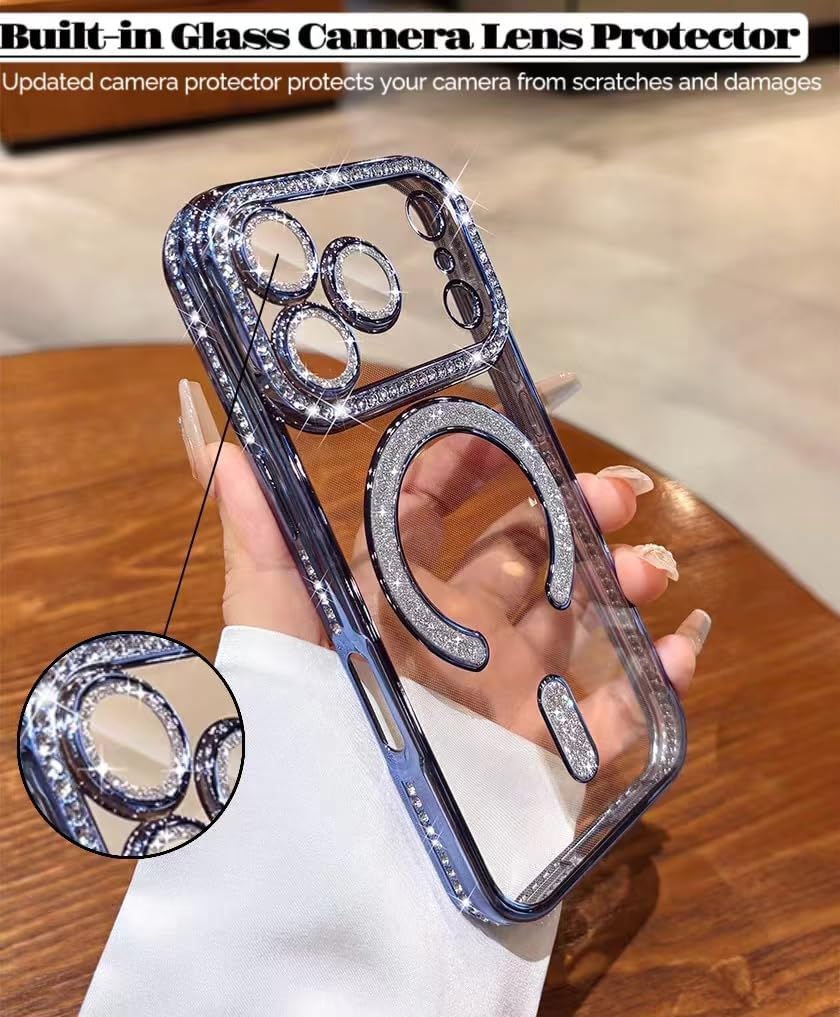 Magnetic Clear Glitter Case for iPhone 17 Pro Max,[Compatible with Magsafe],Cute Sparkly Bling Diamond Camera Lens Protector Soft Plating TPU Bumper Women Girls Phone Case for iPhone 17 Pro Max, Blue - Image 2