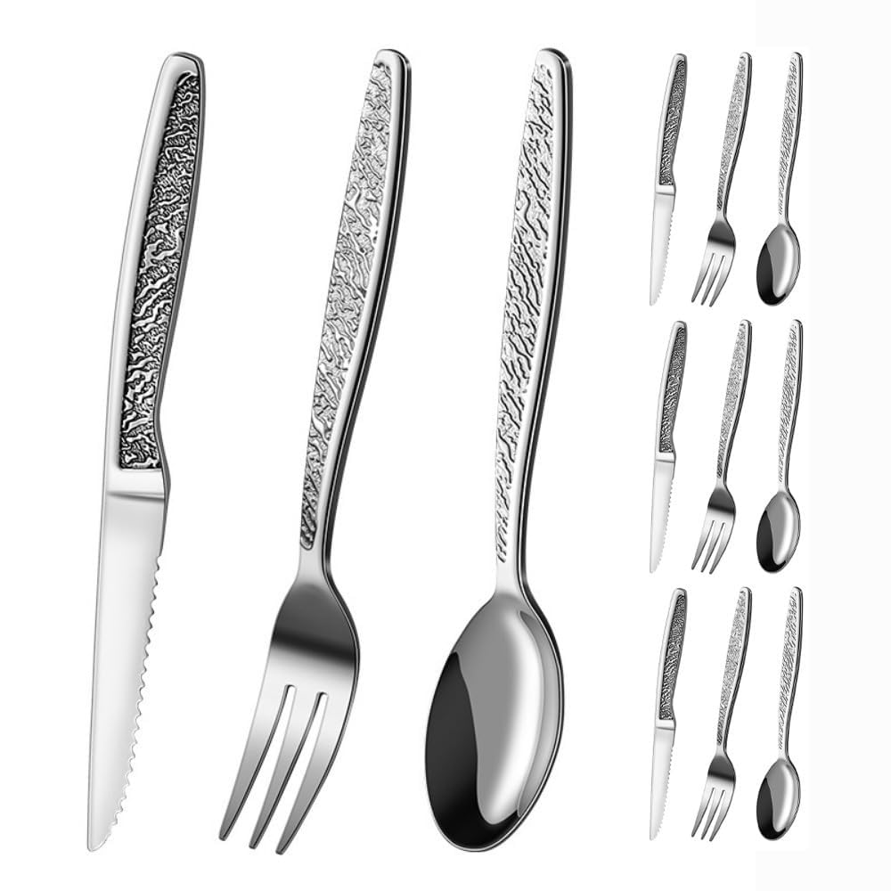 Maniglia in Rilievo Cucina Acciaio Inossidabile Posate Stoviglie Posate Set Coltello Da Bistecca Forchetta Cucchiaio Cucchiaino (12 pezzi per 4)