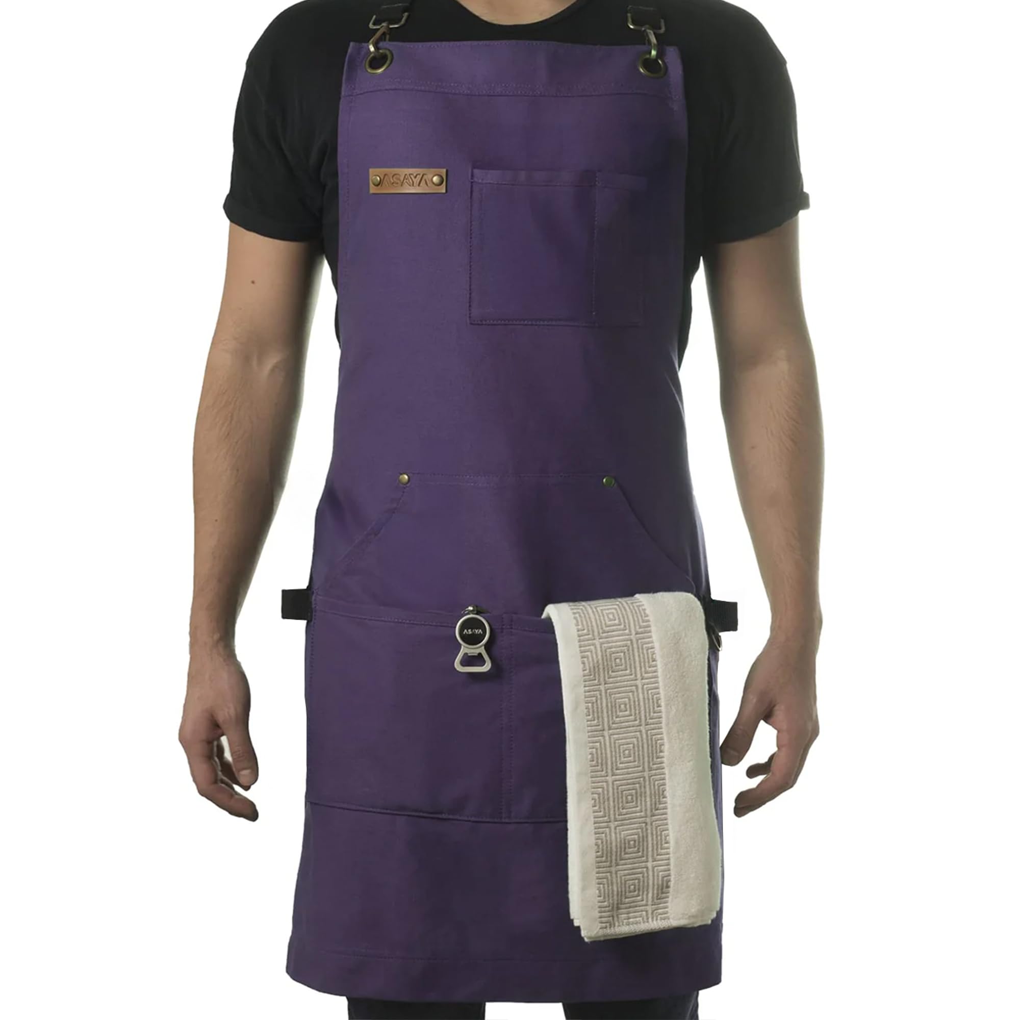 Asaya Chef and BBQ Apron with Bottle Opener and Hand Towel - 10oz Cotton Canvas, Stainless Steel Hardware - Cross Back Straps