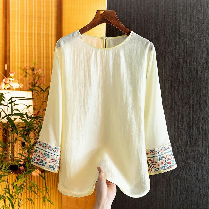 Women's Jacquard National Style Blouse Summer White Cuff Embroidered Long Sleeve Loose Fit Top