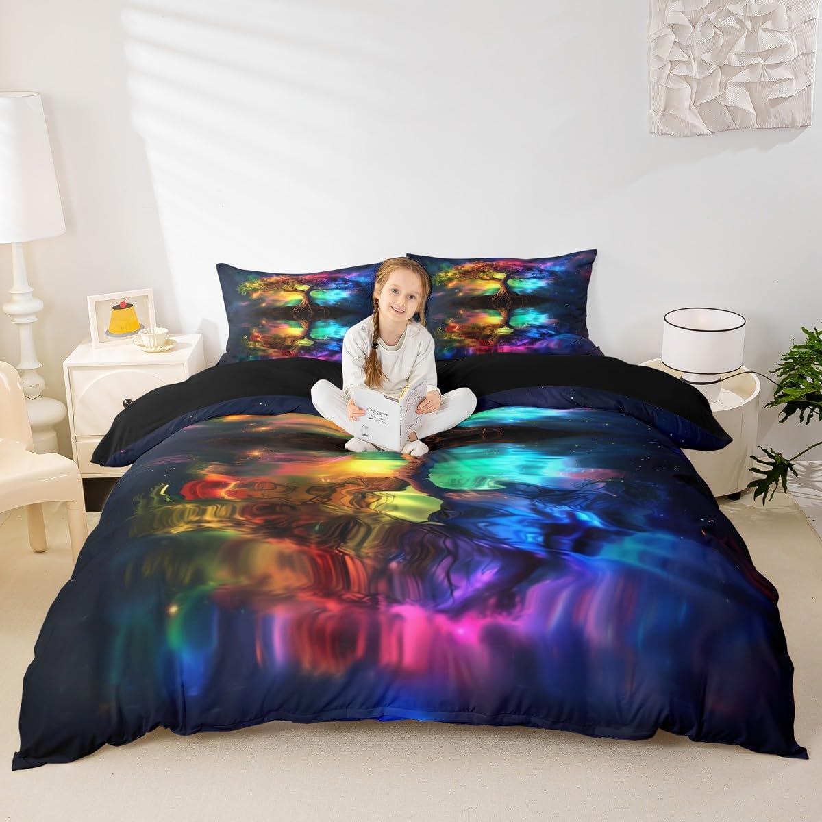 Nature Tree Duvet Cover Toddler Size Rainbow Colorful Lights Comforter Cover for Teens Adults Kids Starry Galaxy Nebula Bedding Set Modern Exotic Breathable 2 Pcs Decorative Bed Cover(No Comforter)