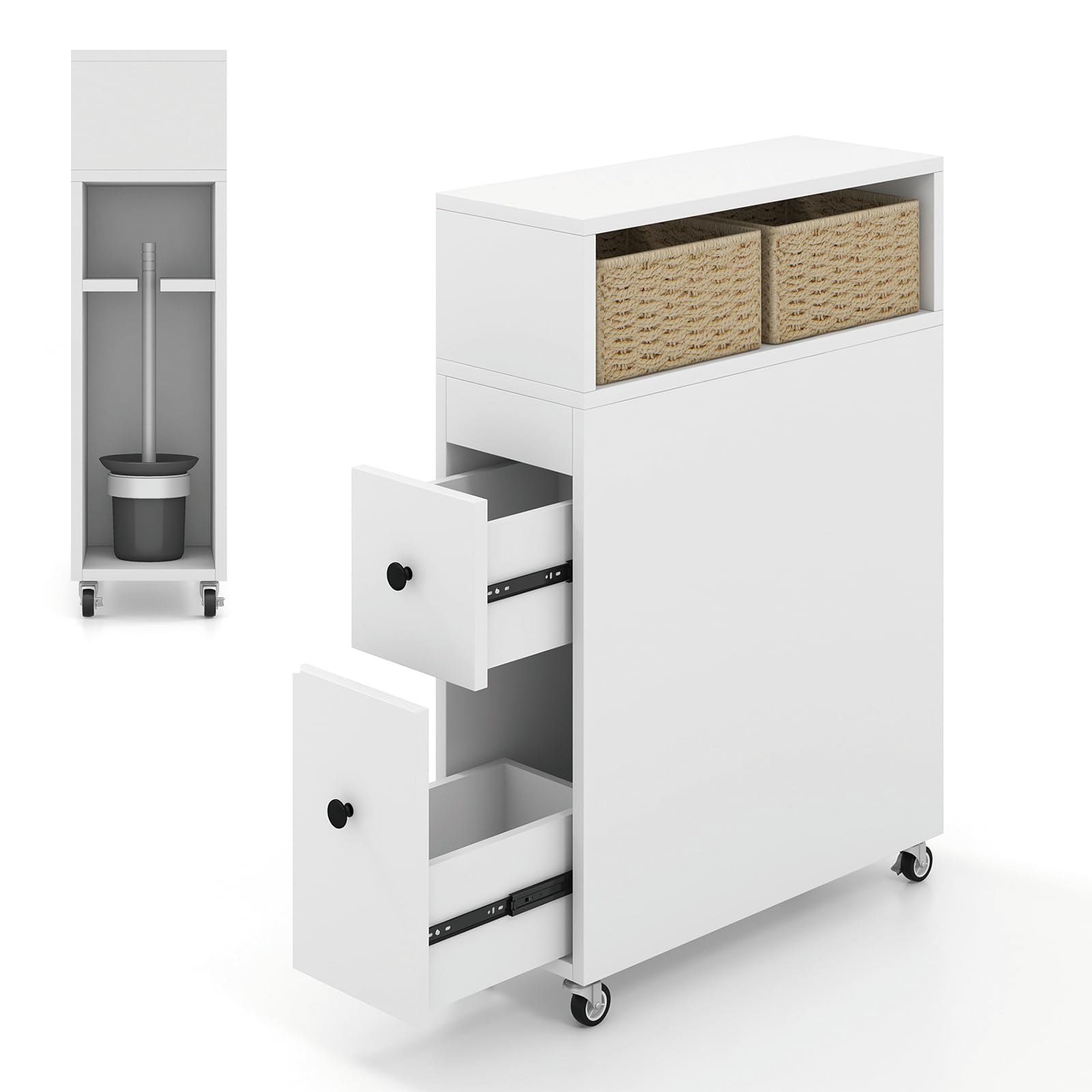 FANTASK Carrito nicho con Ruedas, 50 x 19 x 72 cm, cajones de Mimbre y portaescobillas, Armario Estrecho para baño, Color Blanco