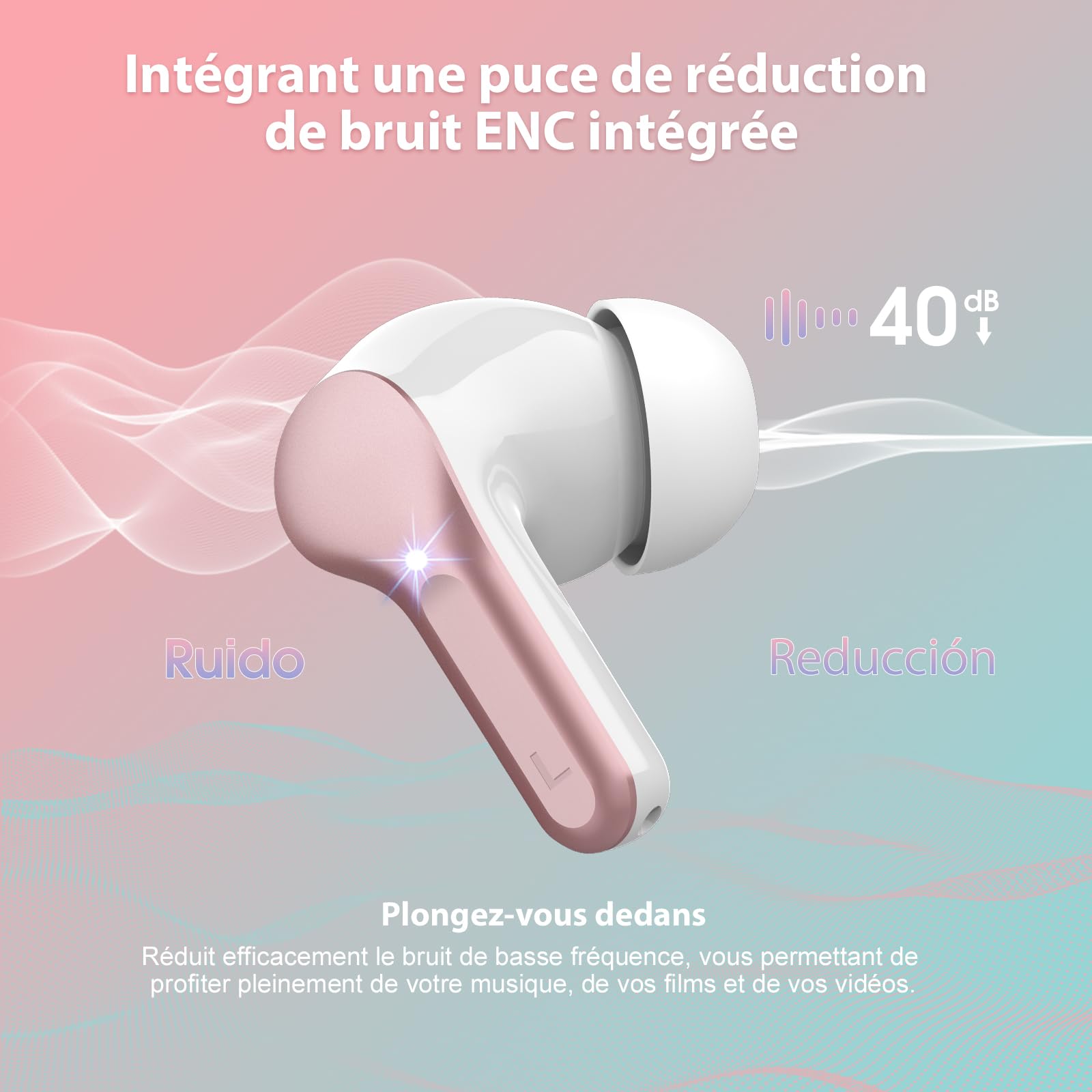 BESNOOW Ecouteurs Bluetooth sans Fil, Écouteurs 5.3 Oreillette Bluetooth Basses Immersives avec 4 ENC Mic, Casque sans Fil 40H avec Écran LED, Étanche IP7 Contrôle Tactile, Or Rose