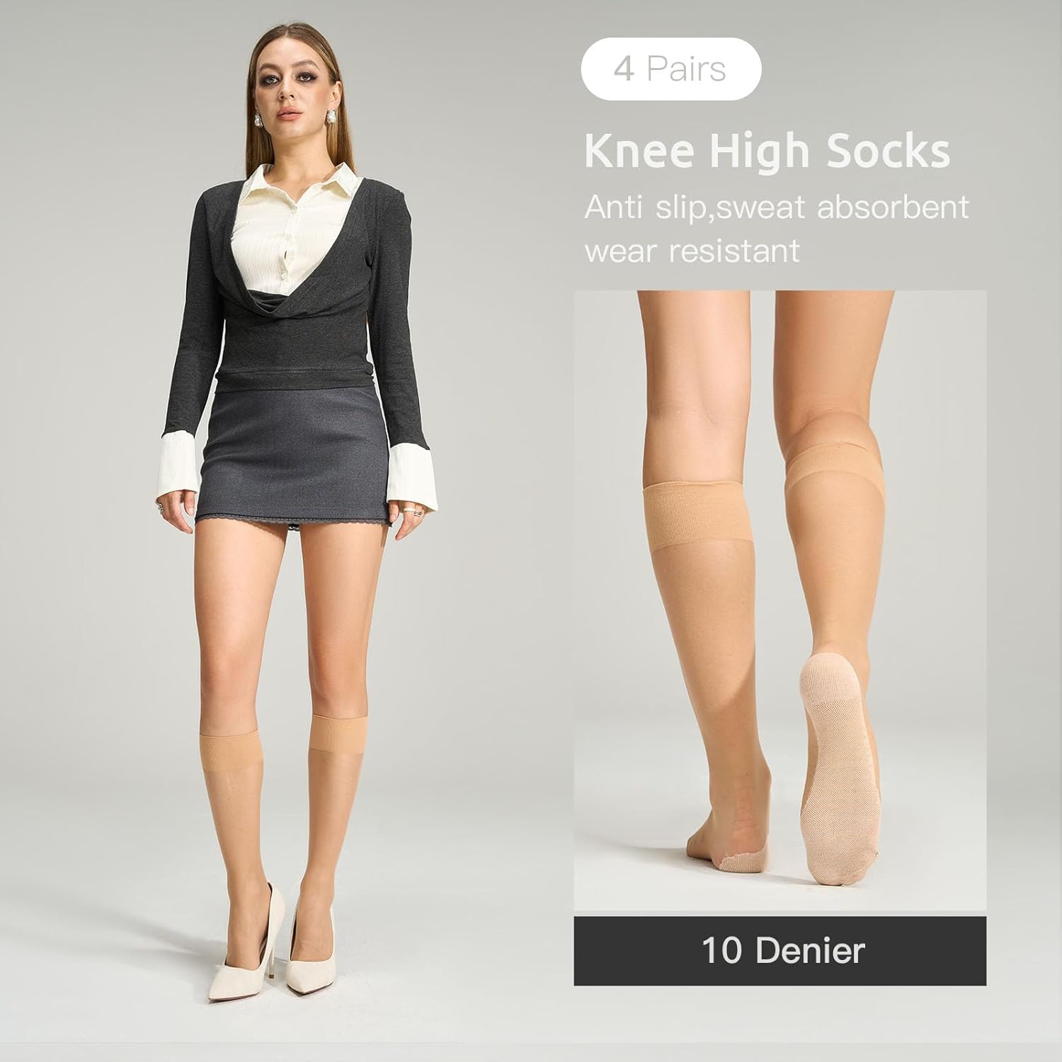 Yilanmy Knee High Stockings for Women Anti-Slip Cotton Sole 4 Pairs Nylon Sheer Trouser Socks with Reinforced Toe - Image 3