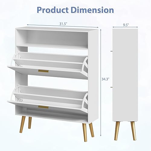 Miniatura 2 de Zapatero para entrada, armario de almacenamiento de zapatos blanco con 2 puertas abatibles y estante, armario estrecho oculto para entrada delgado,