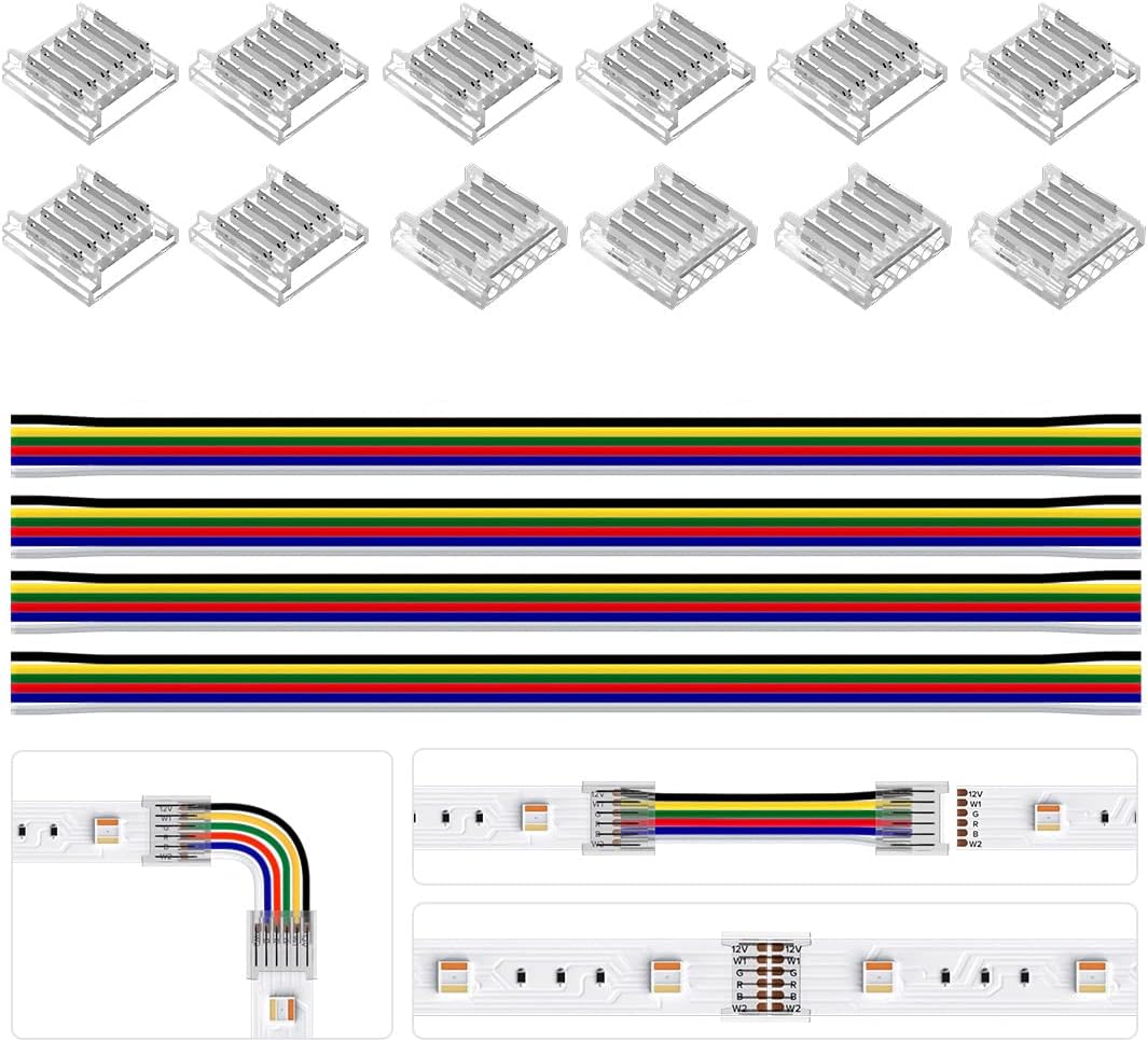 Kit 14 Connecteurs FCOB COB Pour Ruban LED - Transparents, Sans Soudure - Avec 5 Câbles Extension 15 Cm 20AWG - Connexion Angle/épissure