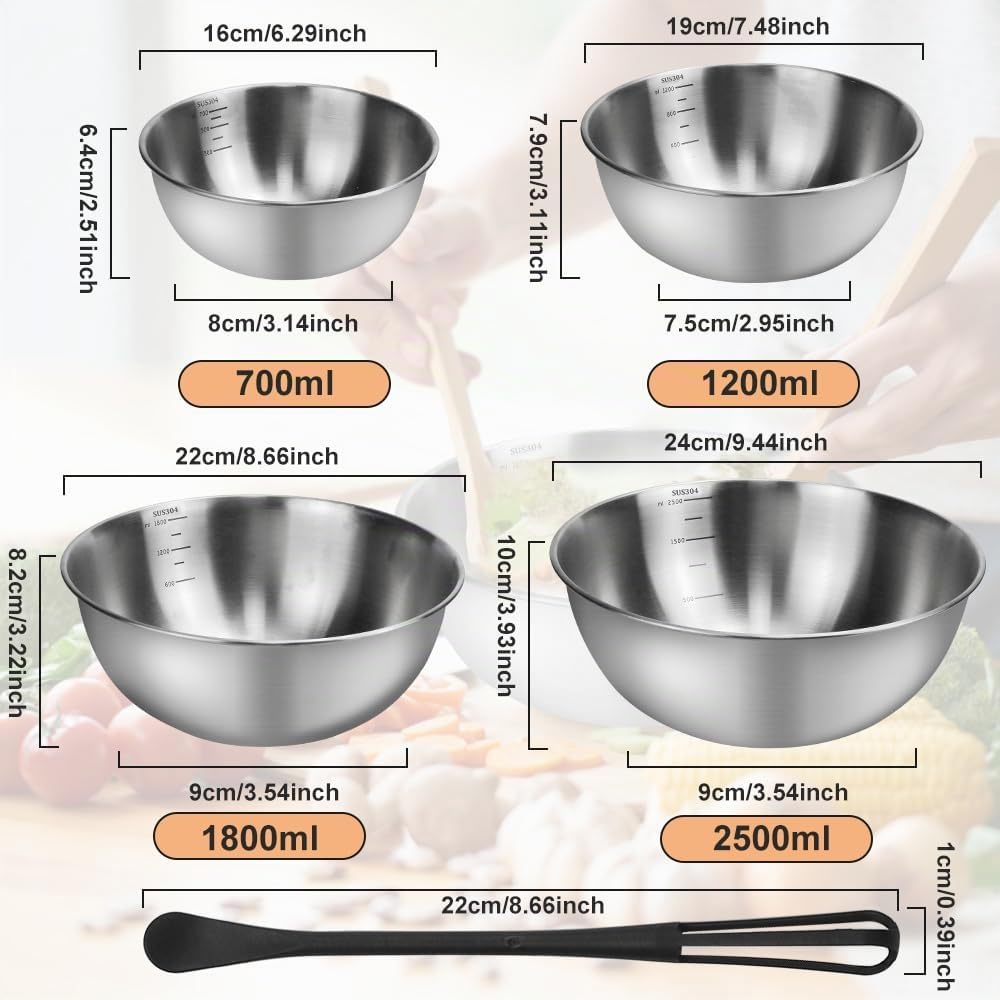 ADERTOS 4PCS Bols Mélangeurs en Acier Inoxydable - Bol à Mixer, Cul de Poule, Saladier Antidérapant et Bâtonnet à Remuer pour Cuisson et Pâtisserie
