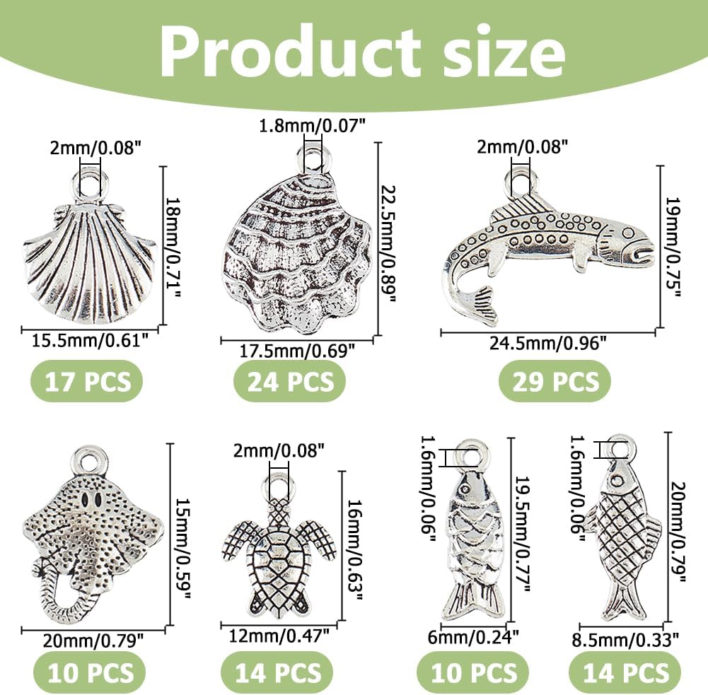 93Pcs Marine Life Charms 7 Styles Antique Silver Alloy Ocean Animals Charms Tibetan Seashell Fish Tortoise Pendants for Jewelry Necklace Bracelets Earrings Making DIY Crafts - Image 2