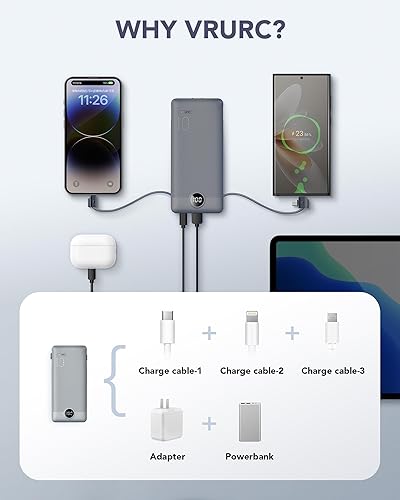 Miniatura 5 de VRURC Cargador portátil con cables integrados y enchufe de pared de CA, cargador de batería USB C de 10000 mAh, batería de viaje, cargador de