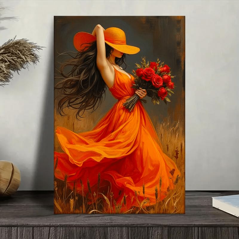 Tableau sur toile femme en robe orange 60x80 cm encadré