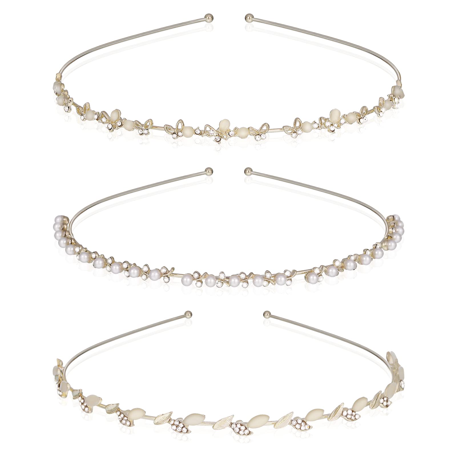 FANTESI Pack de 3 diademas para novia, color dorado claro, para boda, con perlas sintéticas, brillantes, perlas de cristal, para novia, tiara, accesorios elegantes