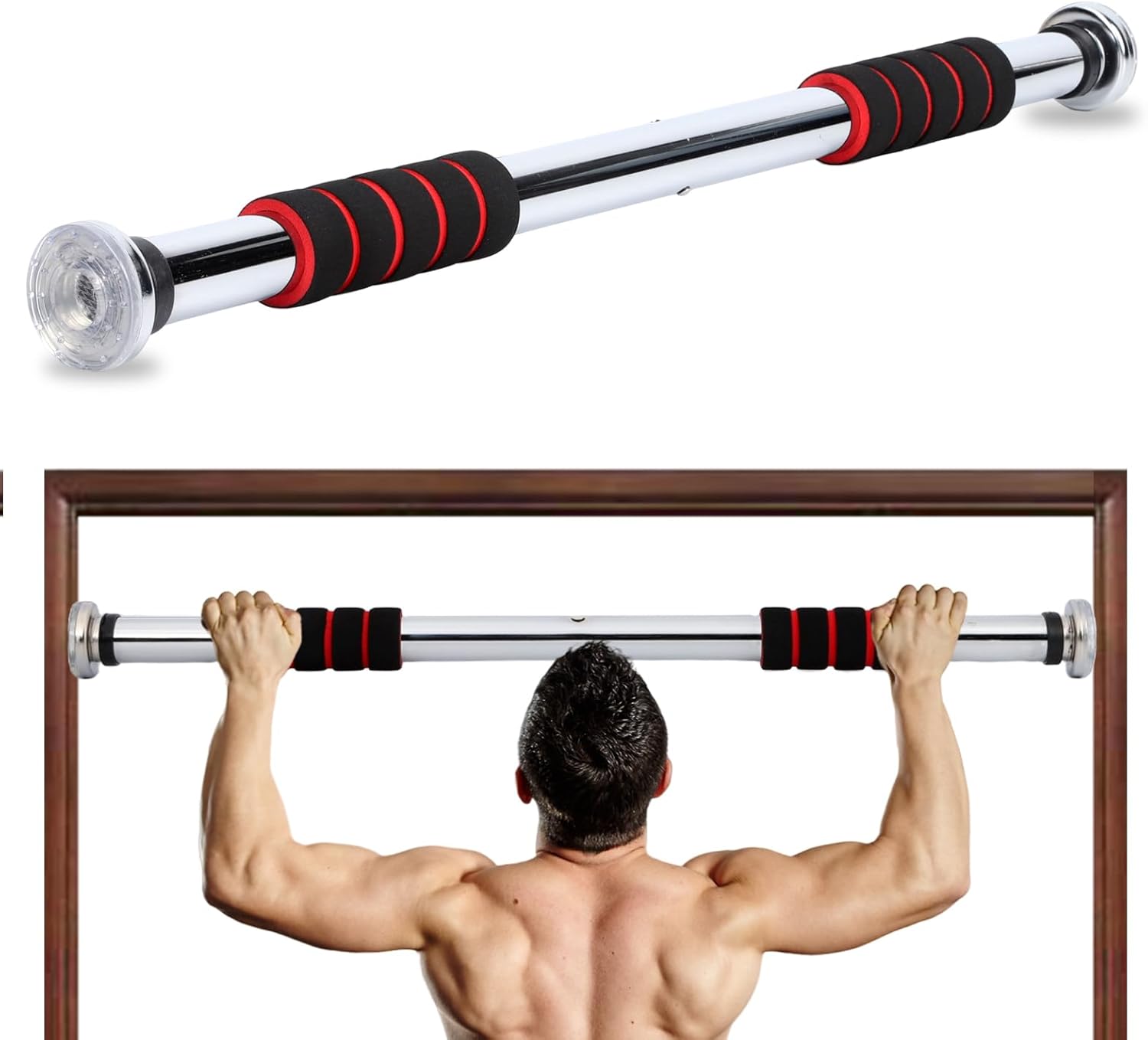 Pull Up Bar for Doorway 23.6in Adjustable Door Mounted Heavy Duty Steel Body Workout Chin Up for Home Exercise Fitness(Red)