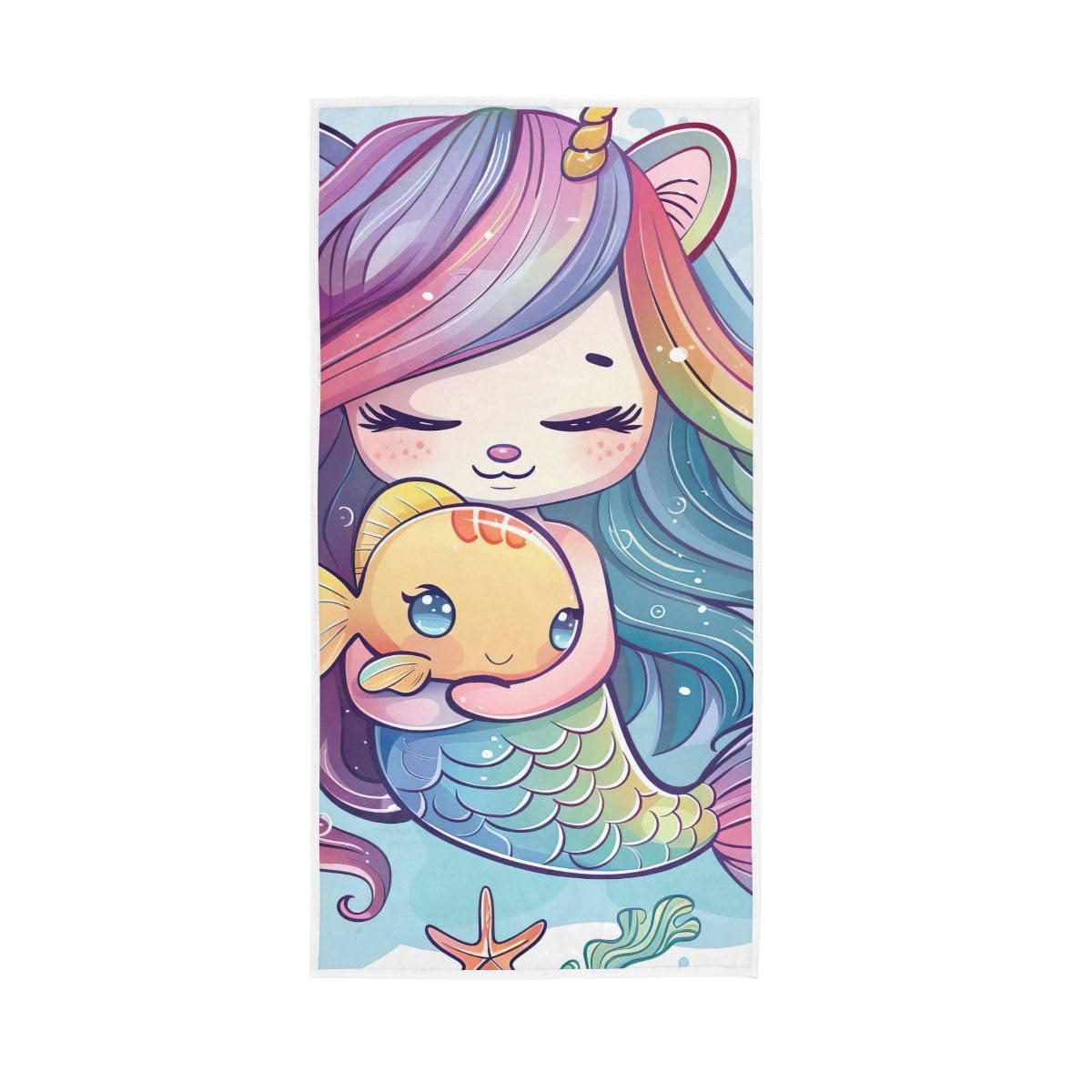 HUYGD Cartoon Mermaid and Fish Hand Towels, Multipurpose Shower Towels for Bathroom, Gym, Hotel, Spa 15 x 30 Inches